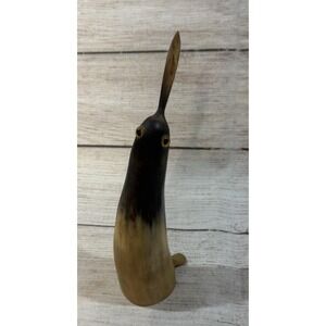 Vintage Hand Carved Horn Penguin Bird with Glass Eyes Unique 6.5" GTubH2